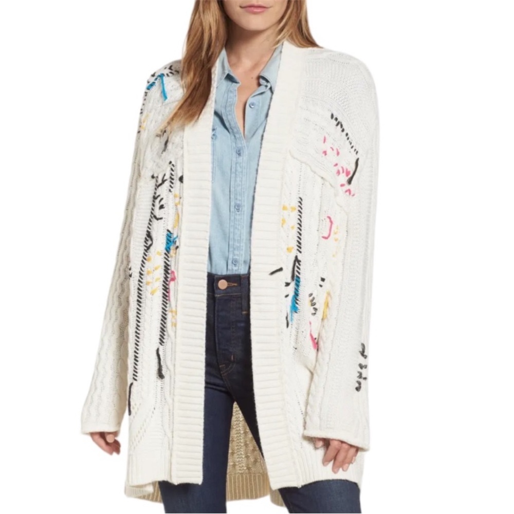 Calson Nitty Gritty Embroidered Fringe Long Line Cardigan Coat Wool Blend XL